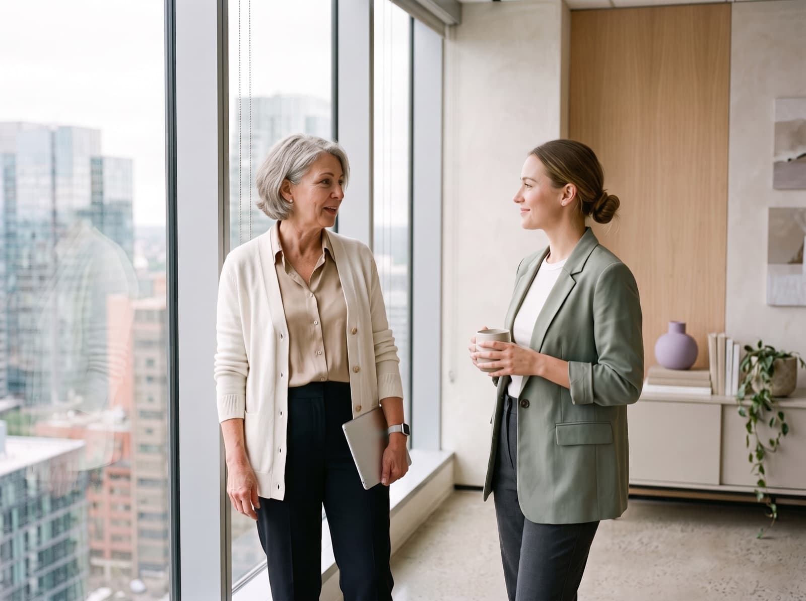 An operations lead and a colleague talk by the window of an office in a tall building.